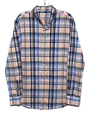Eight Bells Plaid Button Front Shirt Mens L Tan Blue Business Casual Skater Y2K